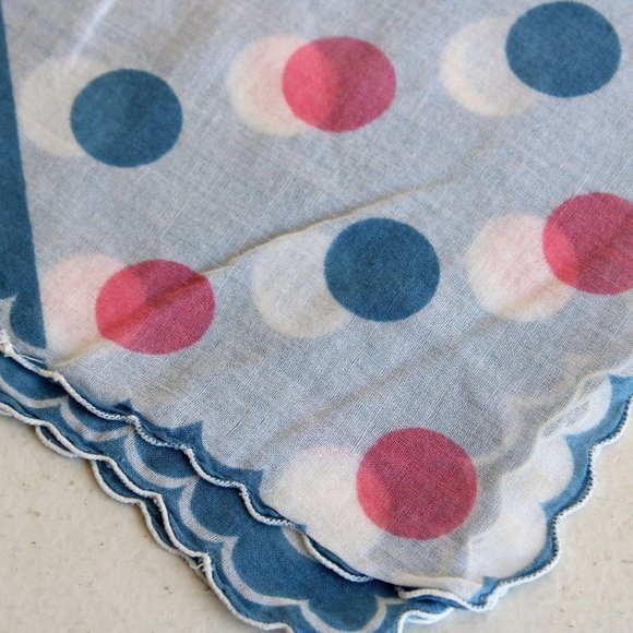 Vintage Cotton Handkerchief / Blue and Pink Polkadots Hanky - Picture 3 of 8